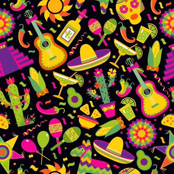 Modèle vectoriel sans couture avec des éléments mexicains guitare, sombrero, tequila, taco, crâne sur noir. Contexte artistique parfait pour votre design . — Image vectorielle