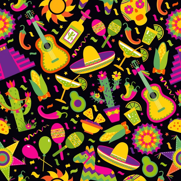 Patrón vectorial inconsútil con elementos mexicanos - guitarra, sombrero, tequila, taco, cráneo sobre negro. Fondo artístico perfecto para su diseño . — Vector de stock