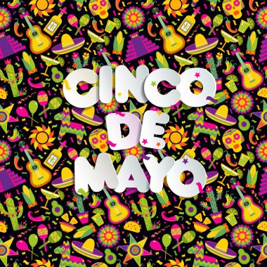 Meksika unsurları olan kusursuz vektör deseni. Gitar, sombrero, tekila, taco, siyah başlıklı kafatası. Tasarımınız için mükemmel sanatsal arkaplan.