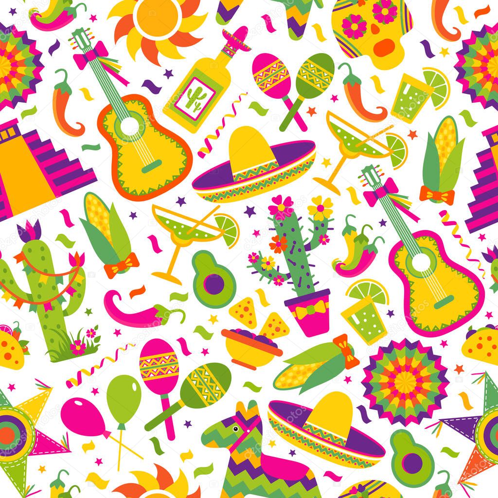 Seamless vector pattern with mexican elements - guitar, sombrero, tequila, taco, skull on white. Perfect artistic background for your design.
