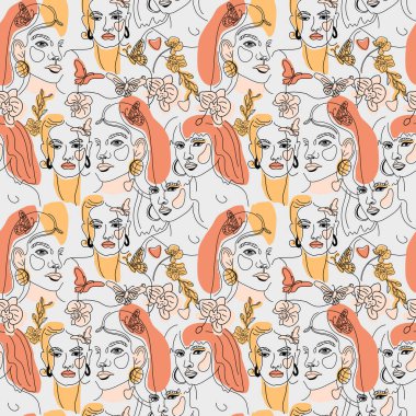 Kusursuz Kadın Yüzü Modeli. Asgari Çizgi Tarzı. Modern moda tarzında, geometrik şekillerin soyut Çağdaş renk kolajı. Vektör kadın portresi. Güzellik Konsepti, Tişört