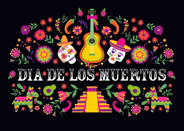 Dias de los Muertos tipografia banner vector. México design para cartões de festa ou convite do partido, cartaz. Flores moldura mexicana tradicional com letras florais sobre fundo preto. —  Vetores de Stock