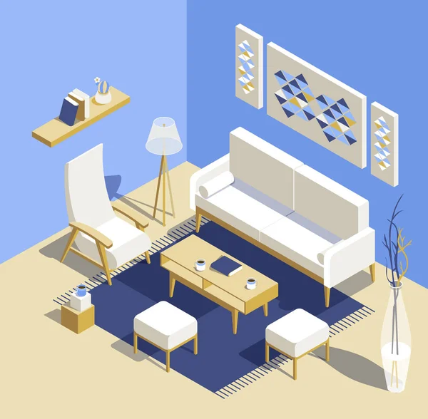 Wohnzimmer isomertische detaillierte Set grafische Illustration im skandinavischen Stil. 3D-Wohnraumprojekt. — Stockvektor