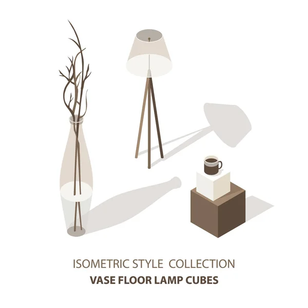 House interior isometric icons set with cube table vase and lamp isolated vector illustration — Stock Vector