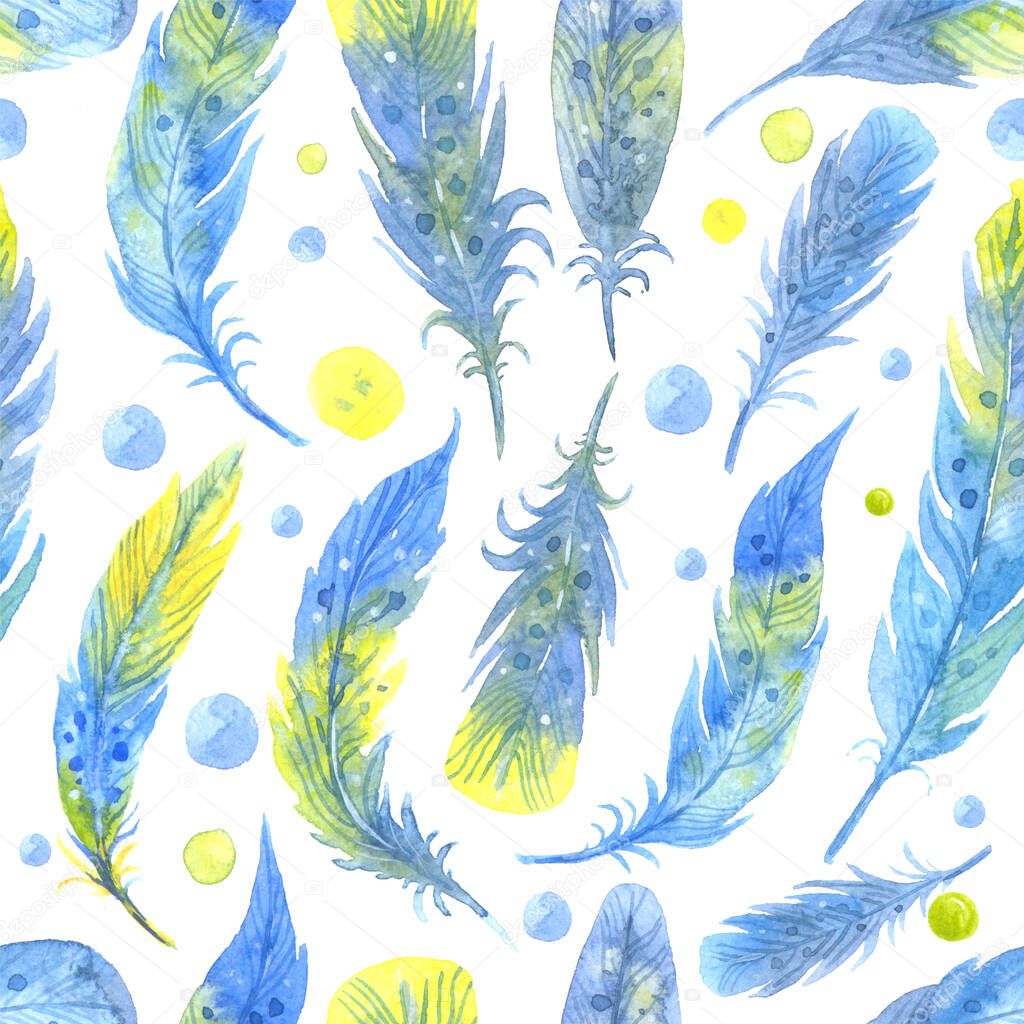 Watercolor seamless boho pattern with feathers. Hand Drawn Illustration on white background.