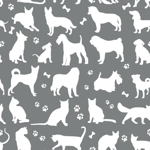 Modello di colori bianchi gatti e cani sfondo illustrazione su grigio. Raccolta animali. modello di superficie senza cuciture . — Vettoriale Stock