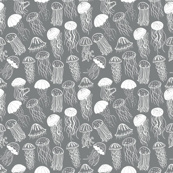 Vektorillustration av olika vita silhuetter maneter sömlös yta mönster. Fiskens havsbakgrund. — Stock vektor