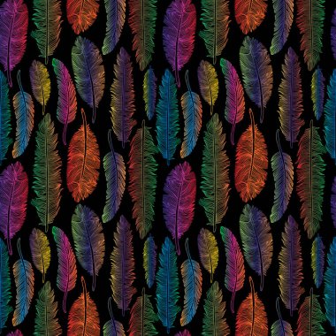 Gökkuşağı tüylerinin kusursuz deseni. Siyah üzerine kabile tarzının gösterimi.