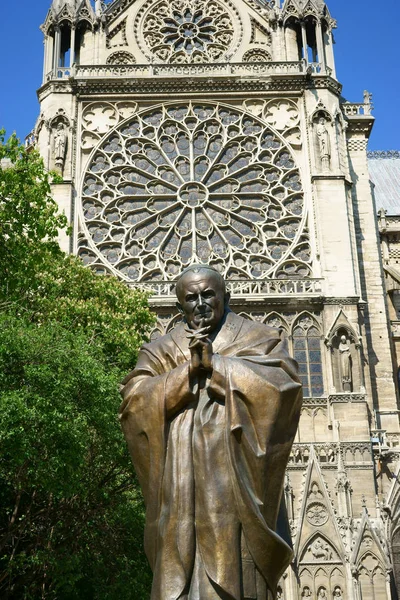 Statuia Papei Ioan Paul Lea Fereastră Trandafir Catedralei Notre Dame — Fotografie, imagine de stoc