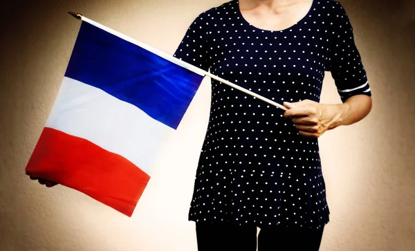 Close Anonymous Woman Holding French Flag Retro Look Vignetting Polka — Stock Photo, Image