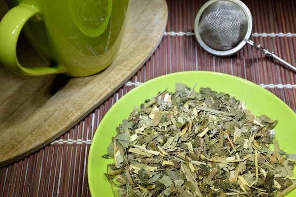 Loose mixed tea leaves on a green plate. A tea infuser, a green mug on a wooden cutting board. All items placed on a bamboo table set. Tea ingredients: Fraxinus, Ash, Yarrow, Urtica, Nettles, Blackcurrant, Willow, Equisetidae, Horstail.