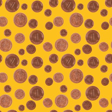 Bozuk para yağmuru. Şanslı Alman Fenik madeni parası sarı arka planda tekrarlandı. Kusursuz Desen. 
