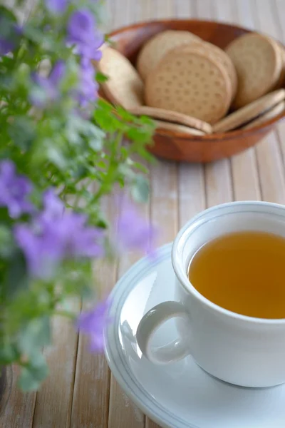 Eine Weiße Tasse Gefüllt Mit Kräutertee Eine Bambusschale Mit Schokolade — Stockfoto