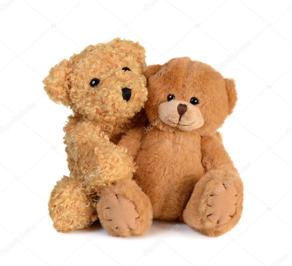 Two light brown Teddy bears sitting cuddling. Isolated on white background.