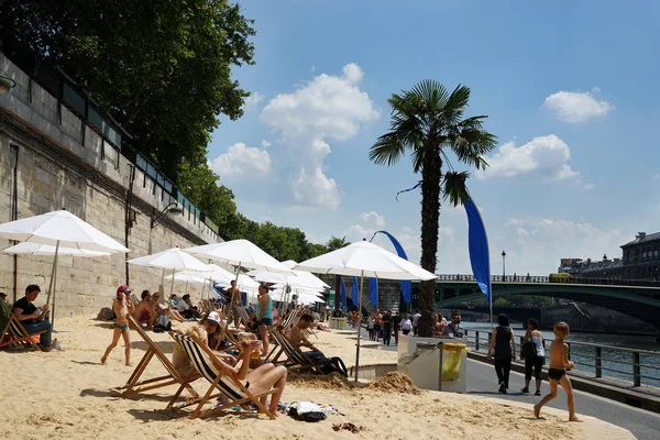 Evento Paris Plages Ribera Del Sena Verano Playa Arena Palmeras — Foto de Stock