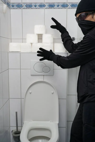 Burglar Stealing Toilet Paper Bathroom Person Dressed Black Wool Cap — Stock Photo, Image