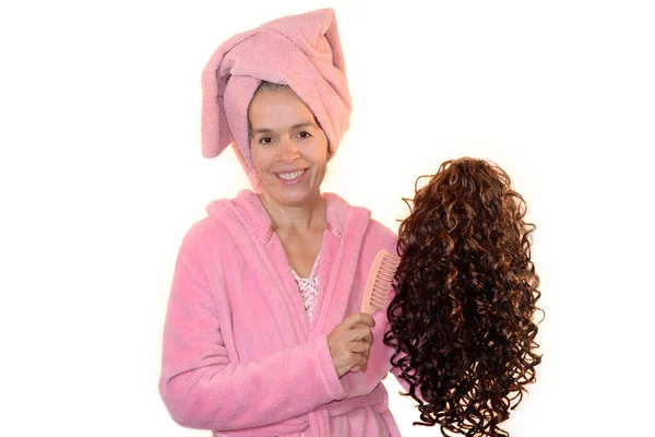 Mature Woman Pink Bathrobe Pink Towel Her Head Holding Curly — Stock Photo, Image