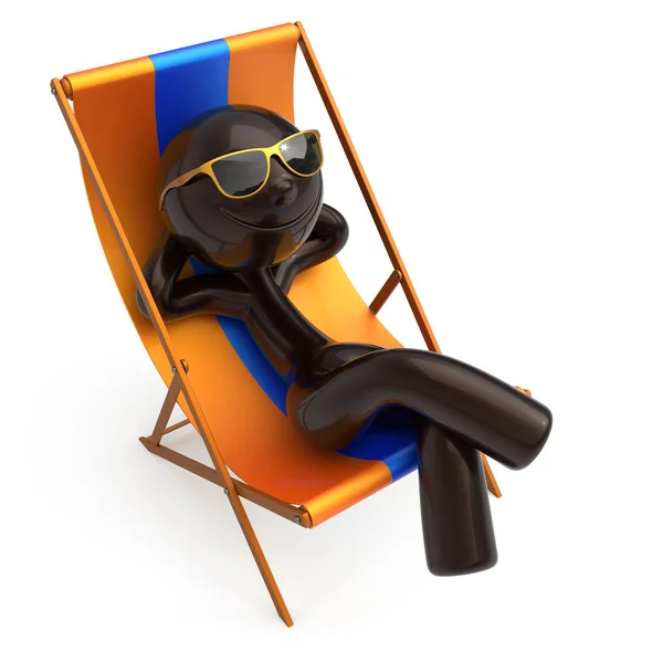 Man relaxing beach deck chair sunglasses smiling character — Stock Photo, Image