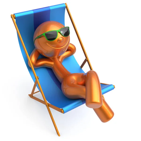 Relax playa cubierta silla hombre sonrisa dibujos animados carácter escalofriante —  Fotos de Stock