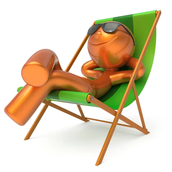 Man rest beach deck chair sunglasses smiley summer tourist — Stock Photo, Image