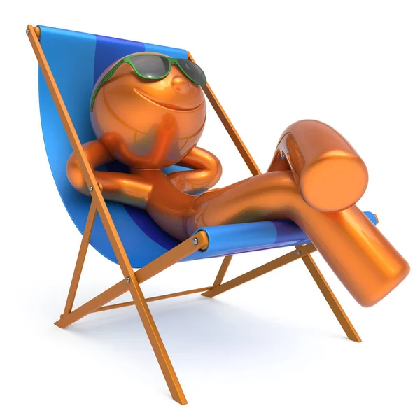 Smiling man relaxing beach deck chair summer vacation person — Stock Photo, Image