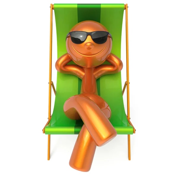 Smiling relaxing man beach deck chair sunglasses character — Stock Photo, Image