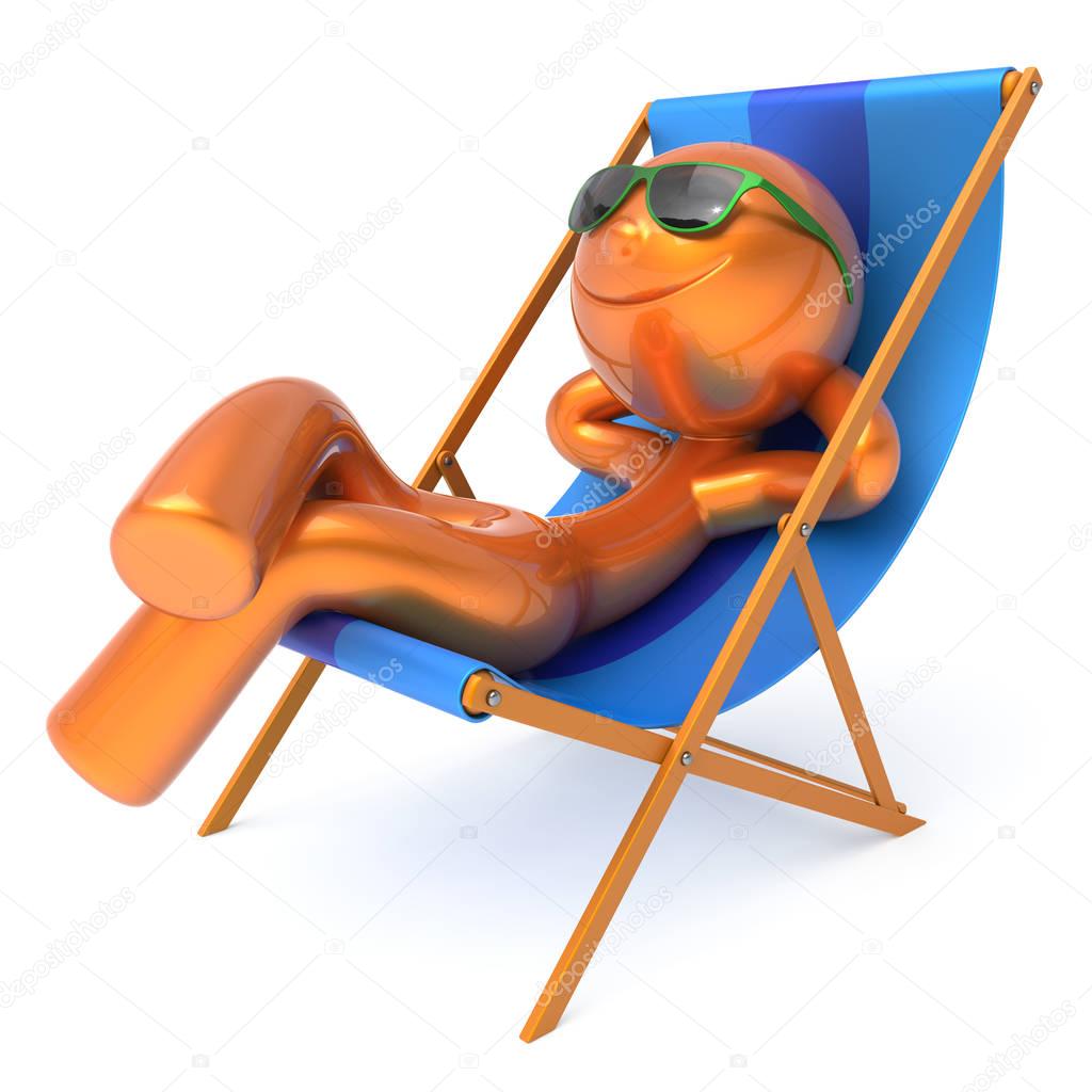 Man relaxing beach deck chair smile cartoon character vacation