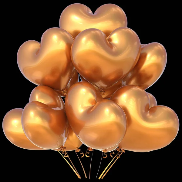 Festa balões coração dourado em forma de feliz aniversário evento brilhante — Fotografia de Stock