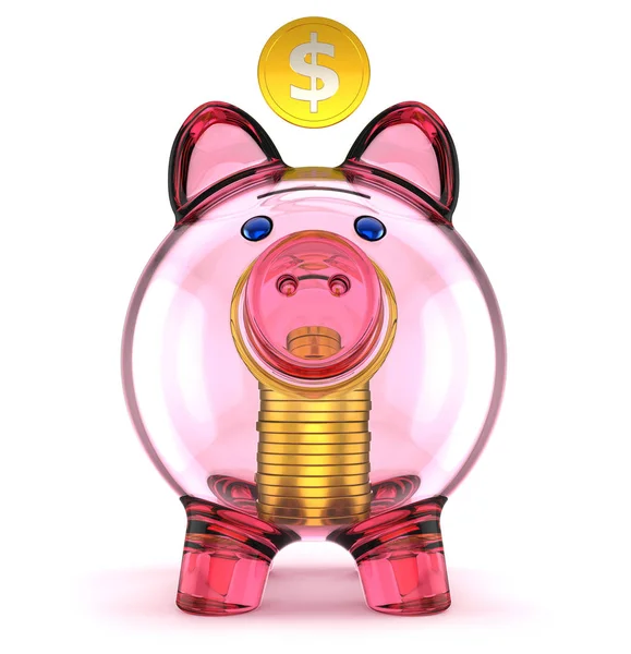 Свиной бокал прозрачный розовый и золотой стек монет — стоковое фото