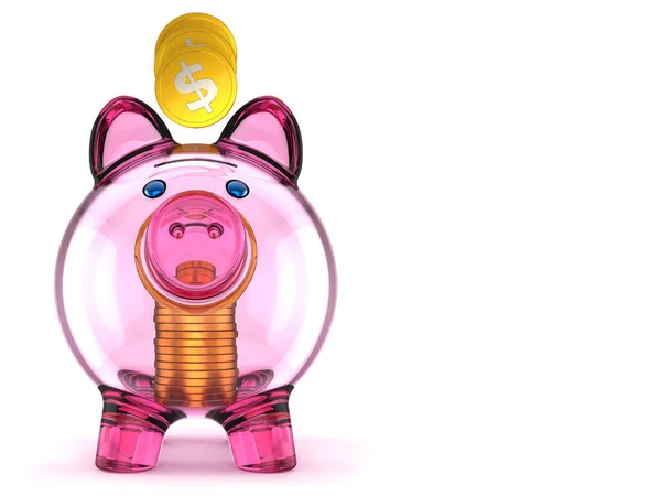 Свиной бокал розовый и золотой стек монет — стоковое фото