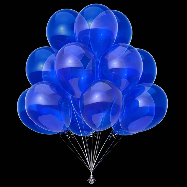 Balões azuis festa aniversário decoração no fundo preto — Fotografia de Stock