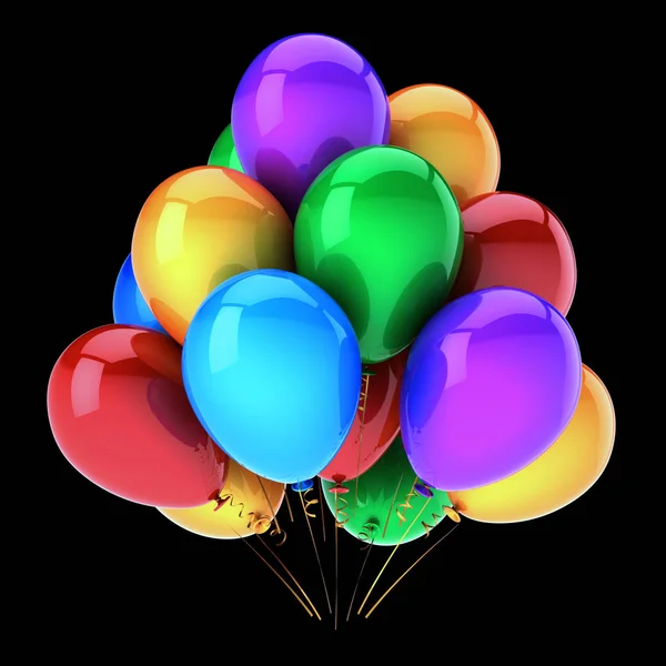 Palloncini decorazione festa di compleanno multicolore su nero — Foto Stock