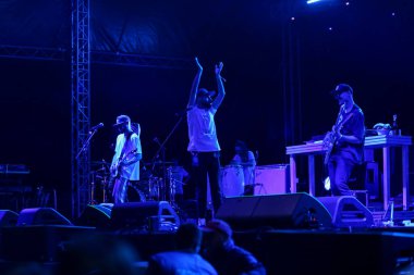 Tiflis Açık Hava 2019. Bir müzik festivalinde seyirciler ellerini kaldırdı ve sahnenin üstünden ışıklar süzülüyor. Yumuşak odak, yüksek ISO, taneli görüntü.