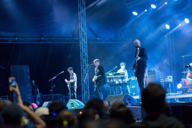 Tiflis Açık Hava 2019. Bir müzik festivalinde seyirciler ellerini kaldırdı ve sahnenin üstünden ışıklar süzülüyor. Yumuşak odak, yüksek ISO, taneli görüntü.