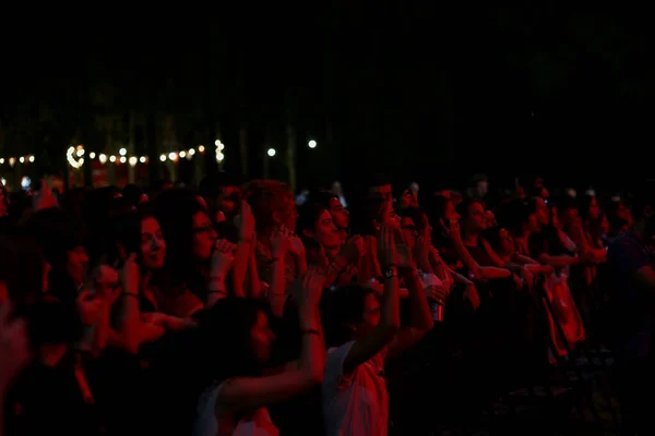 Publikum Rukama Nad Hlavou Hudebním Festivalu Světla Stékaly Jeviště Měkké — Stock fotografie