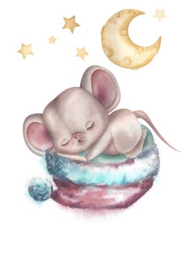 Noel Baba şapkasıyla uyuyan şirin bir farenin suluboya çizimi..