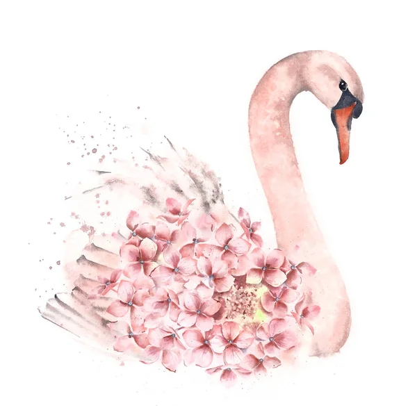 Ilustrace roztomilé labutě s květinovou dekorací. Akvarel. — Stock fotografie