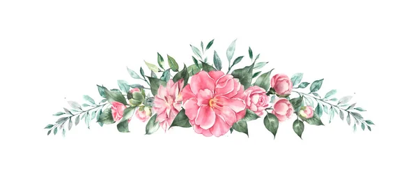 Arreglo de flor de camelia rosa, Acuarela ilustración — Foto de Stock