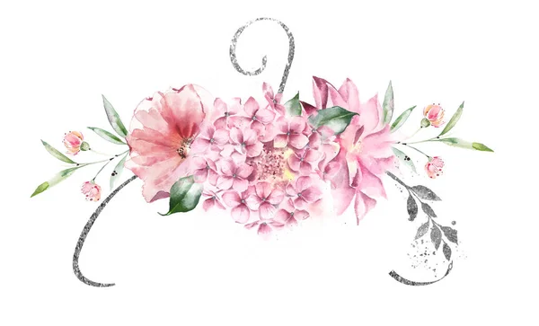 Composition élégante de fleurs aquarelle et un cintre à vêtements argent. Conception de logo . — Photo