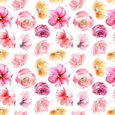 Parlak yaz çiçekleri kusursuz desen. Pembe ve sarı renk. Hassas retro tasarım.