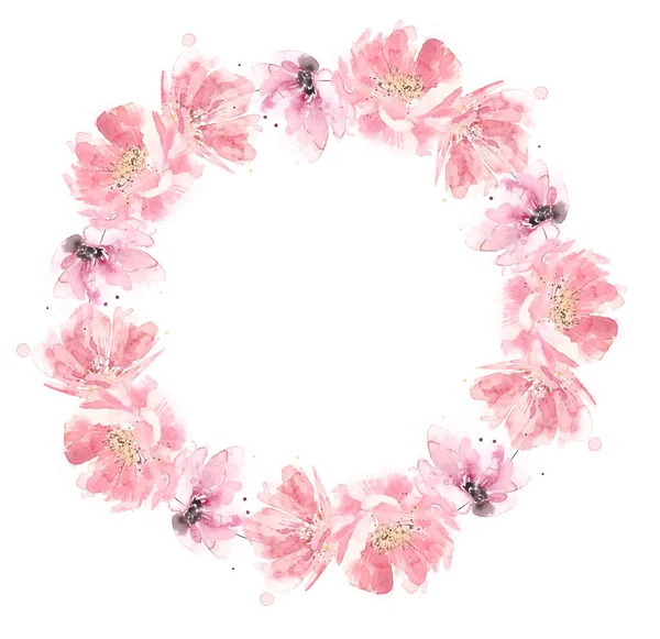 ピンクの花のリース。水彩イラスト。ウェディングデザイン、カード、ステッカー、ロゴデザイン. — ストック写真