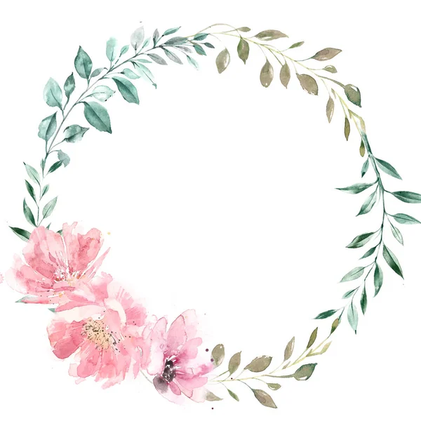 Wreath of green leaves and pink flowers — Stock Photo, Image