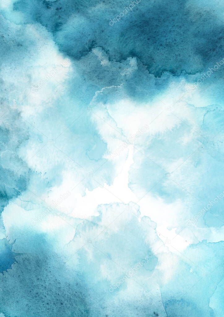 Abstract thunderstorm clouds sky background. Watercolor design.