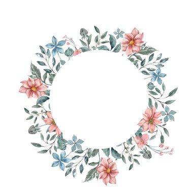 Narin şeftali çiçekleri ve turkuaz yapraklı yuvarlak çerçeve. Suluboya çizimi. Eski kart.