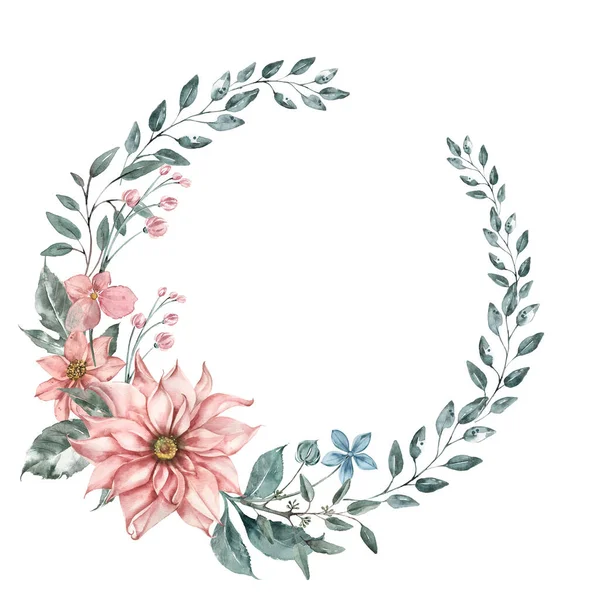 Delicate wreath of beautiful large dahlia flower. Color peach powder and watercolor eucalyptus leaves. — ストック写真