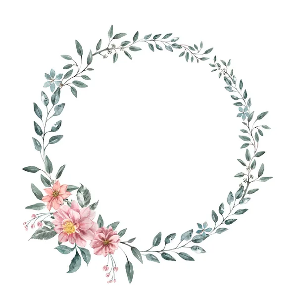 Delicate wreath of eucalyptus twigs and dahlia flowers. Vintage. — ストック写真