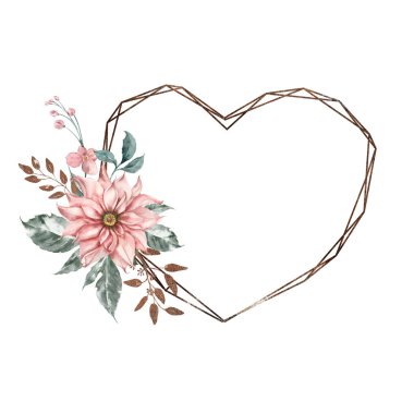 Geometri çerçevesi bronz, yıldız çiçekleri ile süslenmiş. Düğün dekorasyonu davetiyeleri. Suluboya çizimi.