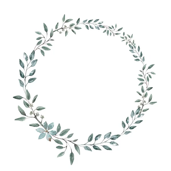 Delicate wreath of eucalyptus branches. Wedding invitation, greeting card. Watercolor. — ストック写真