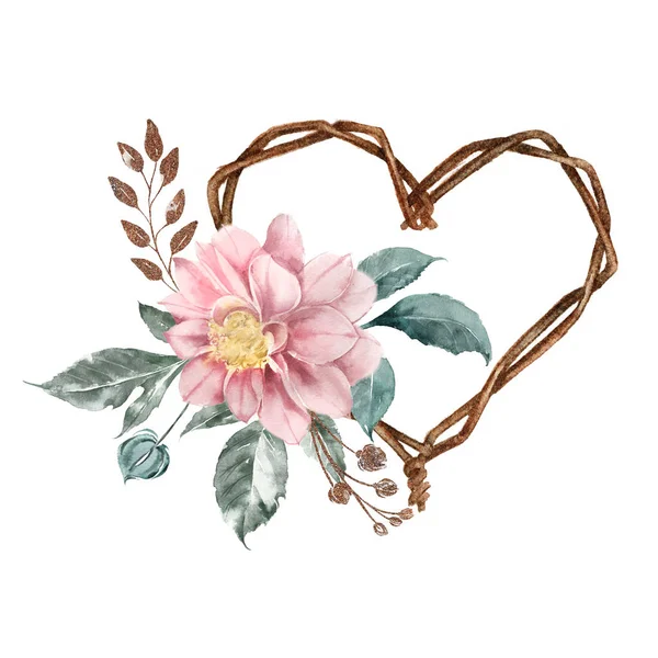 Biglietto vintage per San Valentino. Un cuore fatto di filo arrugginito e un bouquet di fiori delicati. illustrazione acquerello — Foto Stock