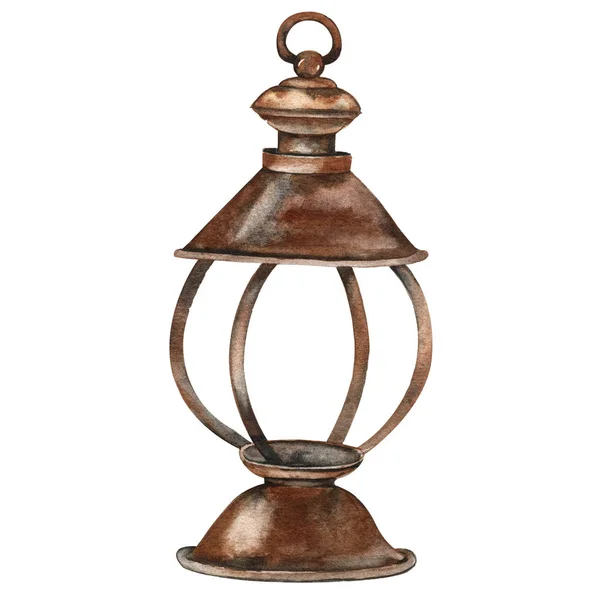 Vintage illustratie lantaarn lamp kerosine oud roestig brons metaal. Waterverf. — Stockfoto